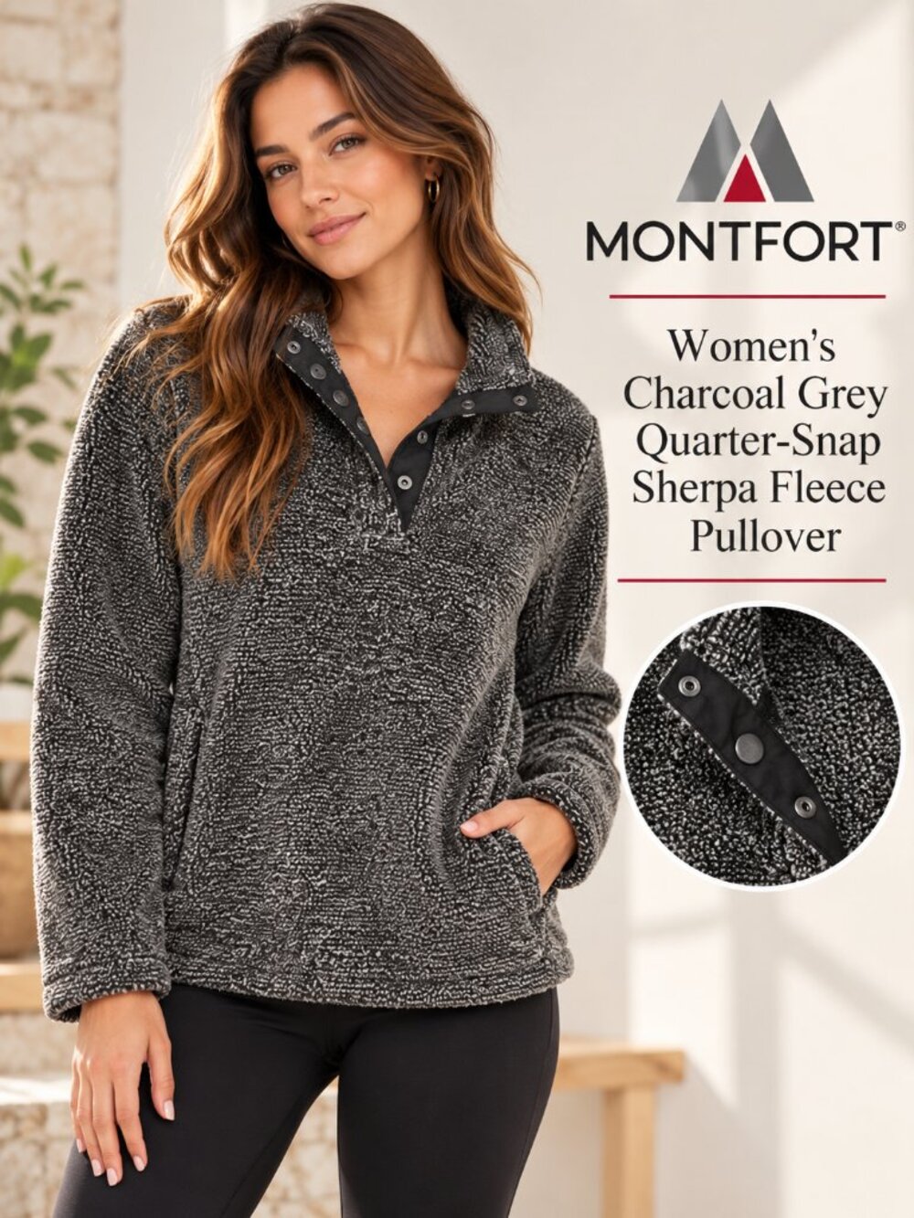 Montfort Women's Charcoal Grey Quarter-Snap Sherpa Fleece Pullover Jacket